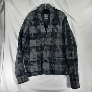 J.C. Rags Mens Large Shawl Collar Cardigan Sweater Grey Plaid Knit Button Front
